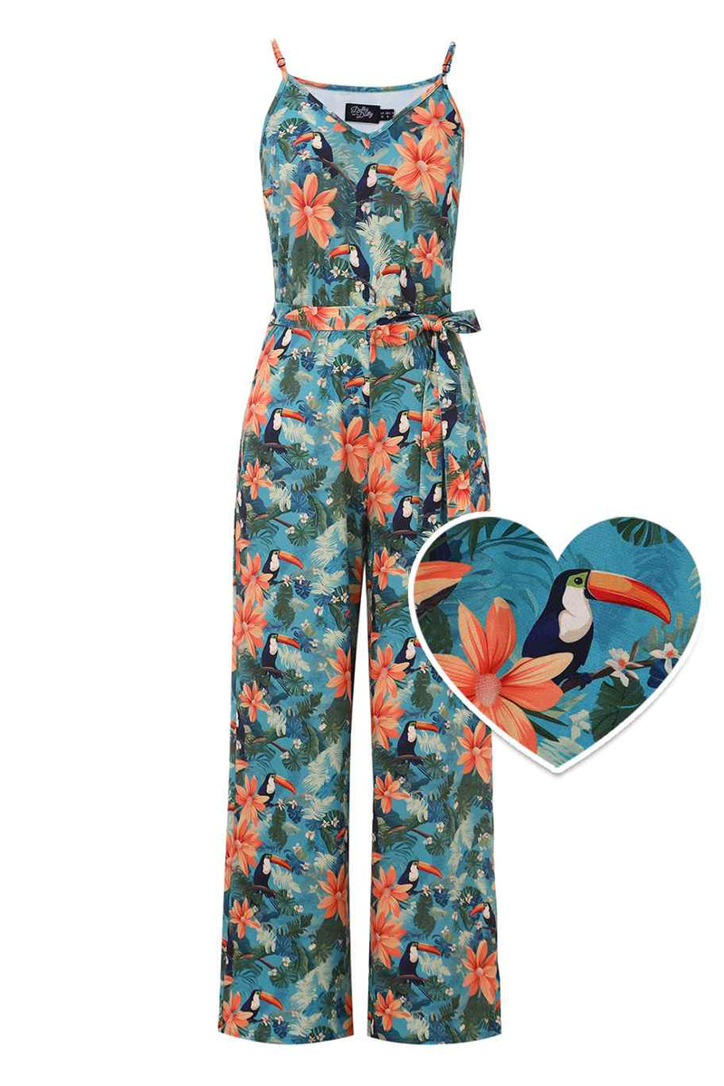 Front view of Tropical Toucan Strappy Jumpsuit