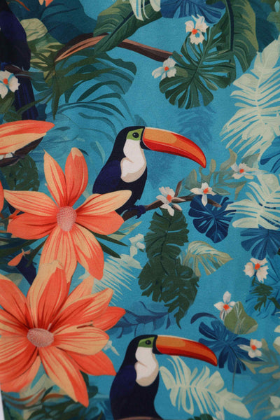 Close up view of Tropical Toucan Strappy Jumpsuit