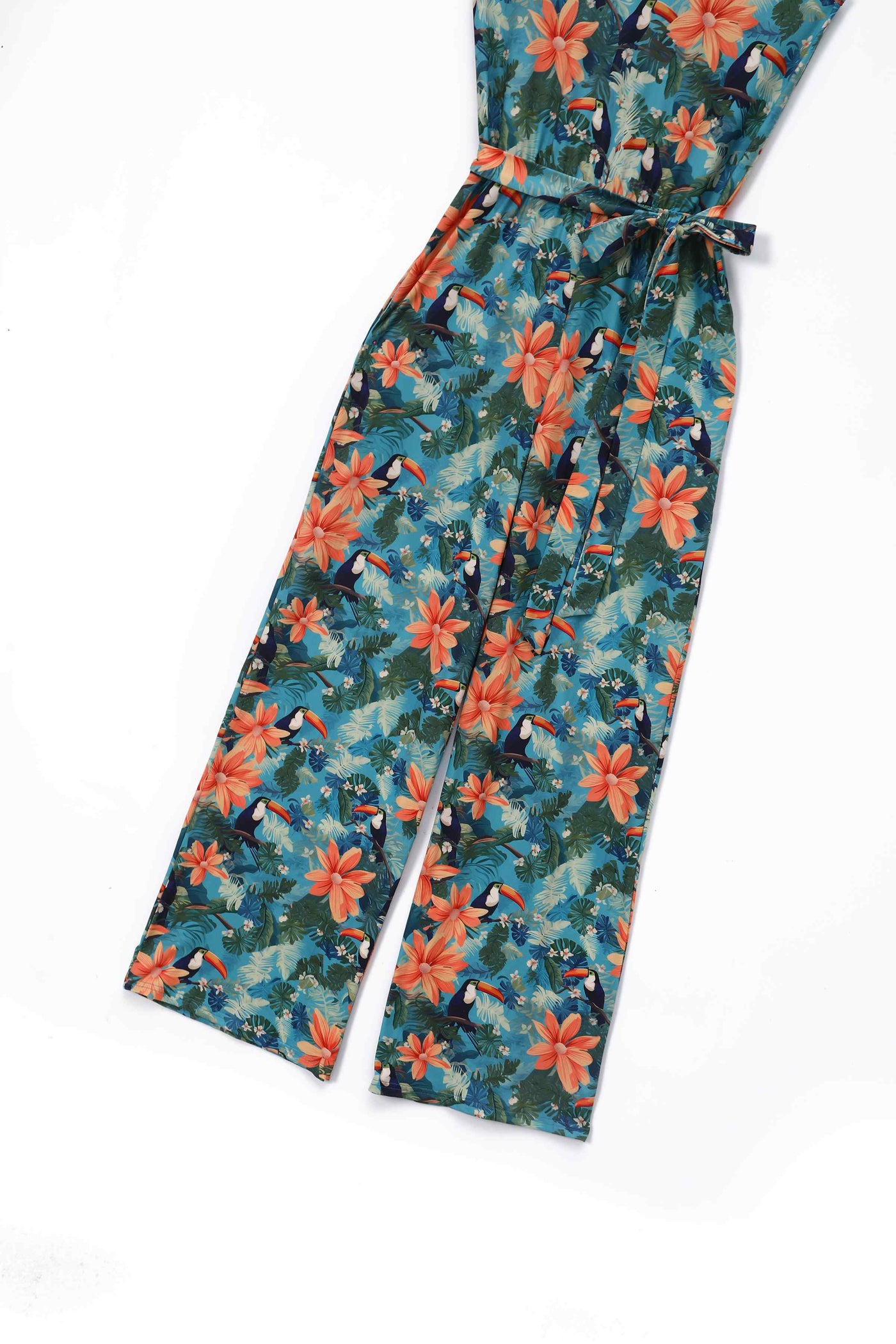 Close up view of Tropical Toucan Strappy Jumpsuit