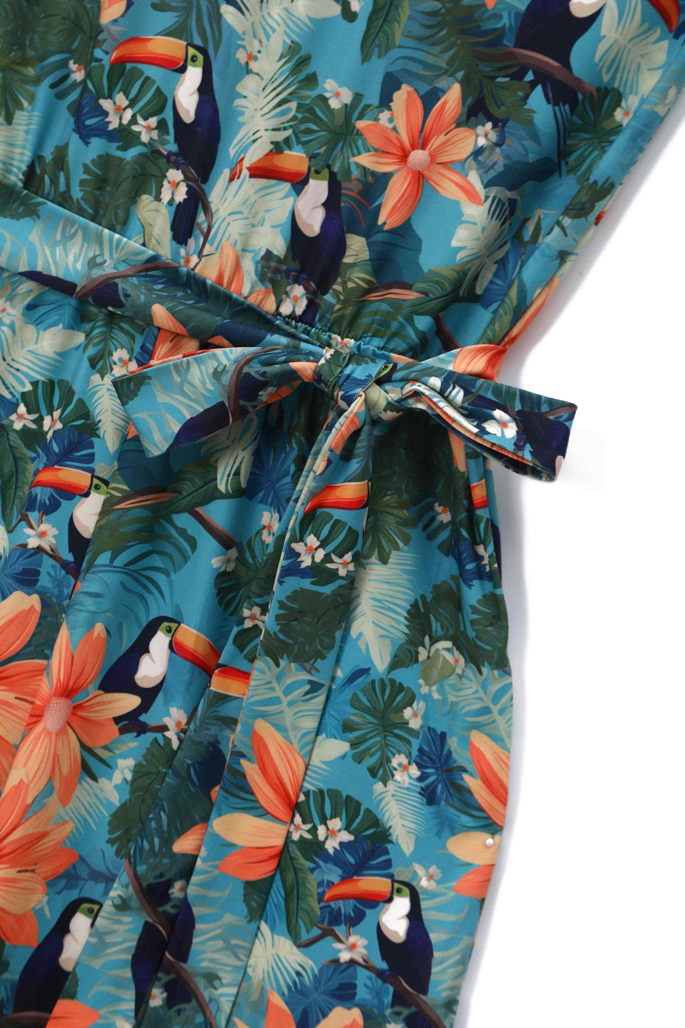 Close up view of Tropical Toucan Strappy Jumpsuit