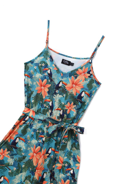 Close up view of Tropical Toucan Strappy Jumpsuit