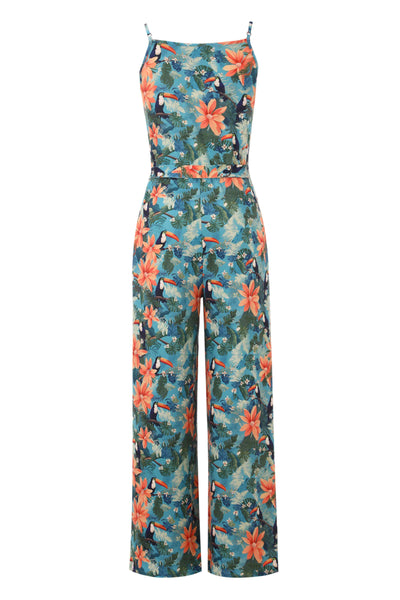 Back view of Tropical Toucan Strappy Jumpsuit
