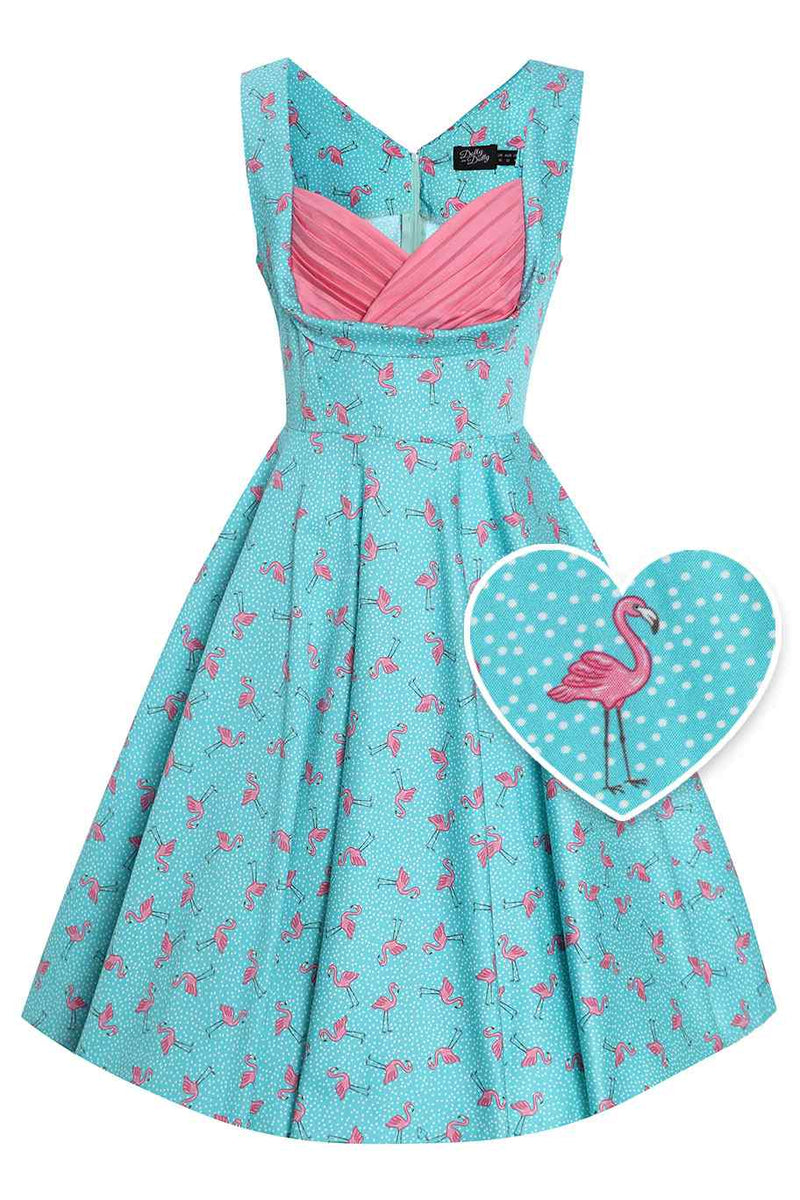 Front view of Turquoise Flamingo Pleated Bust Dress