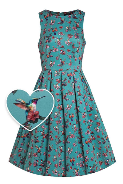 Front View of Turquoise Hummingbird Formal Swing Dress