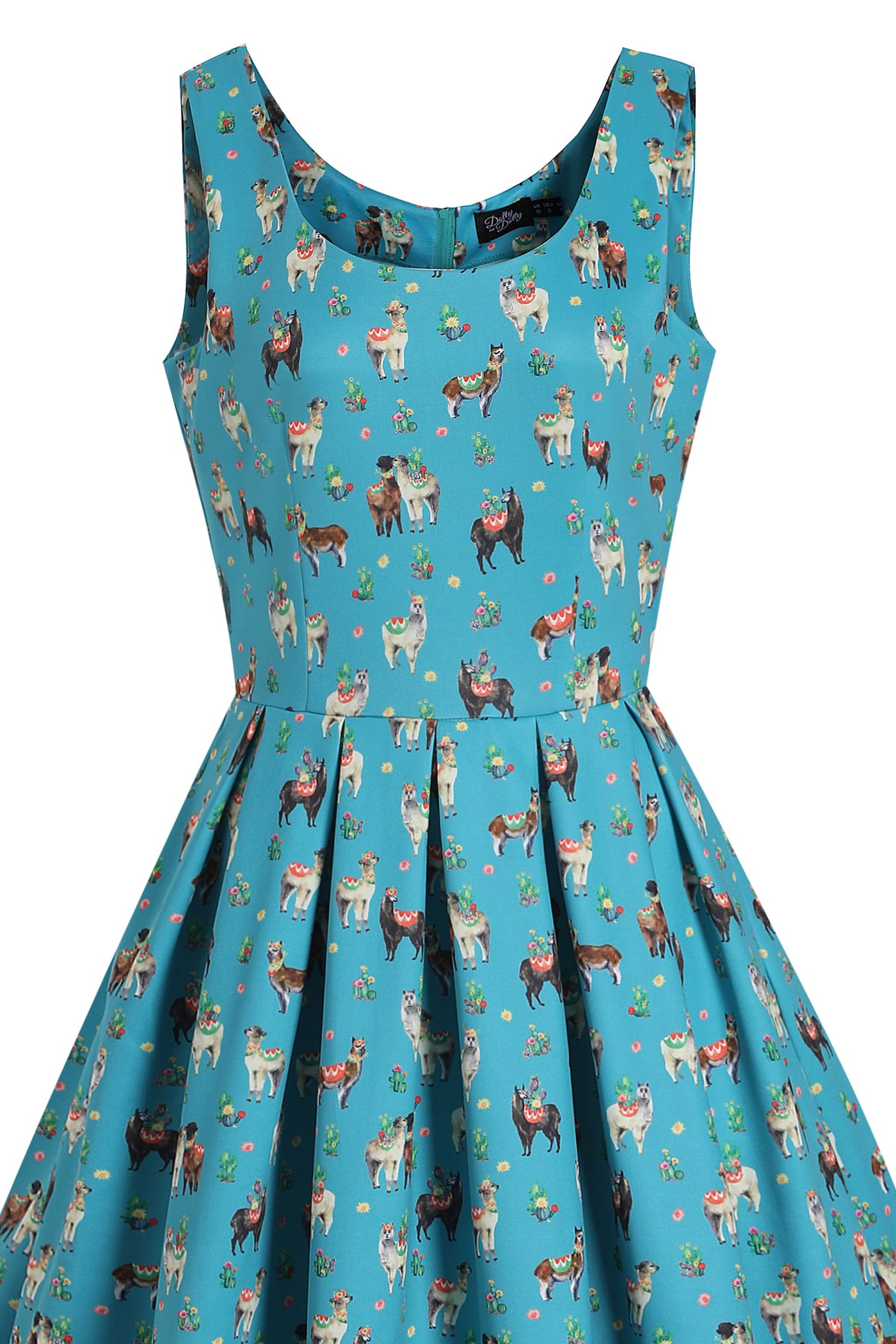 Top half view of our sleeveless Amanda swing dress, in turquoise llama cactus print