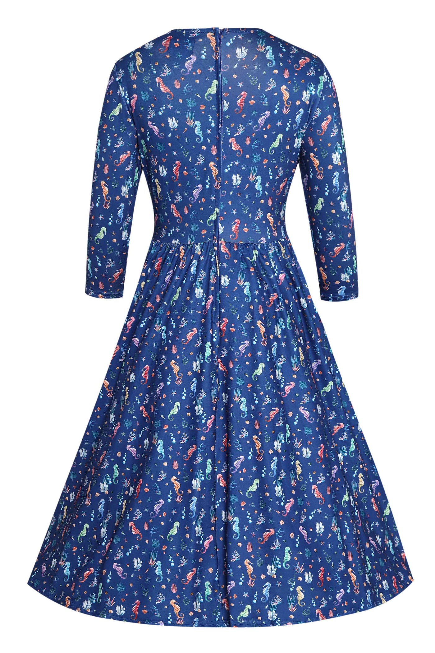 Back view of Underwater Seahorse Print Flared Dress in Navy Blue