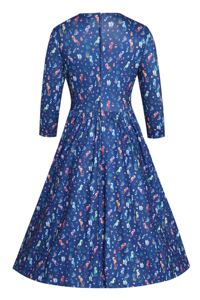 Back view of Underwater Seahorse Print Flared Dress in Navy Blue