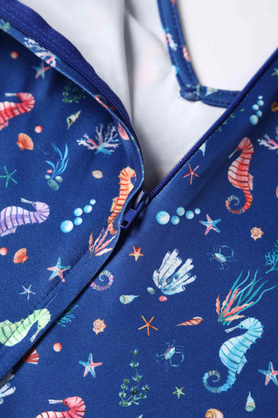 Close up view of Underwater Seahorse Print Flared Dress in Navy Blue