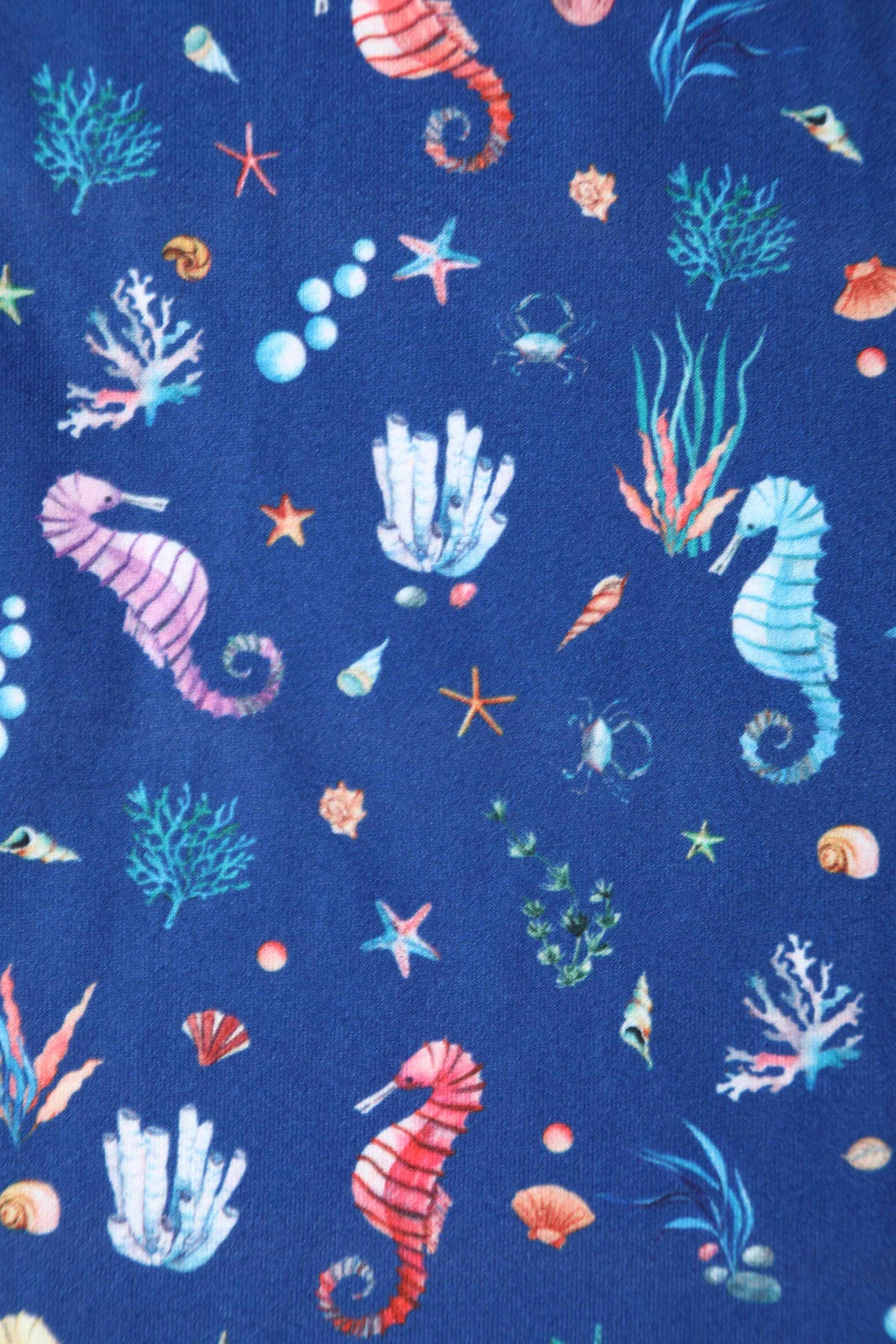 Close up view of Underwater Seahorse Print Flared Dress in Navy Blue