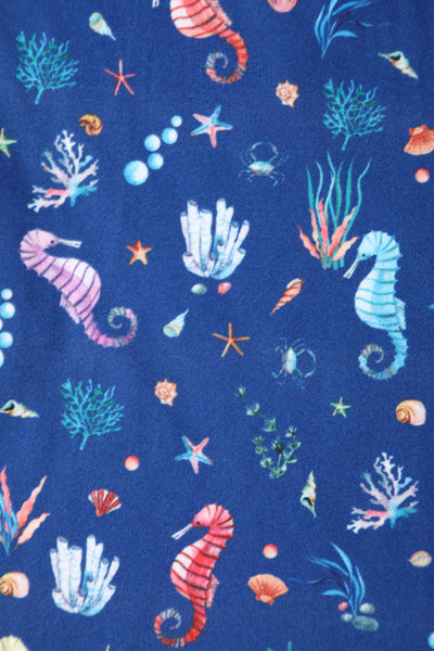 Close up view of Underwater Seahorse Print Flared Dress in Navy Blue