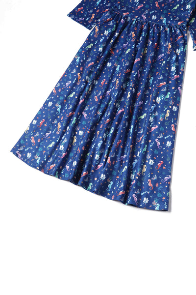Close up view of Underwater Seahorse Print Flared Dress in Navy Blue