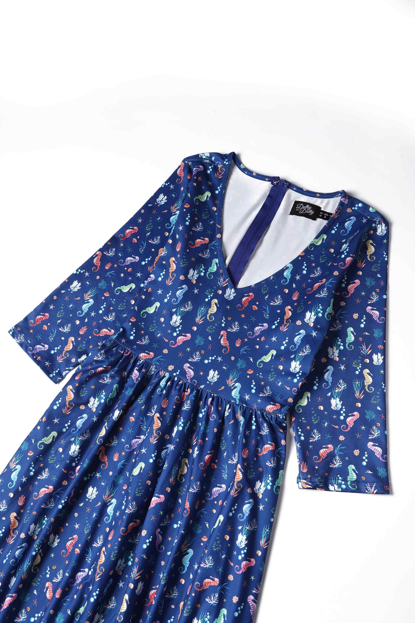 Close up view of Underwater Seahorse Print Flared Dress in Navy Blue
