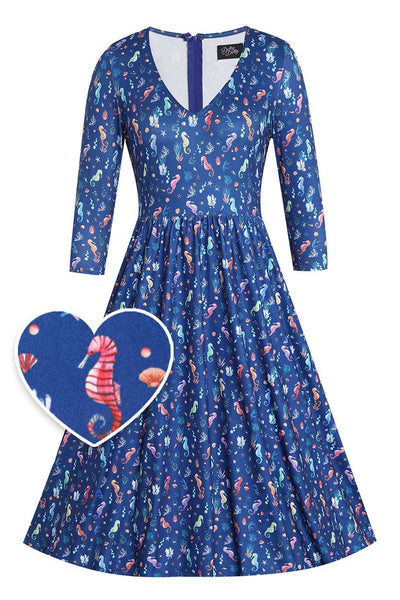 Front view of Underwater Seahorse Print Flared Dress in Navy Blue