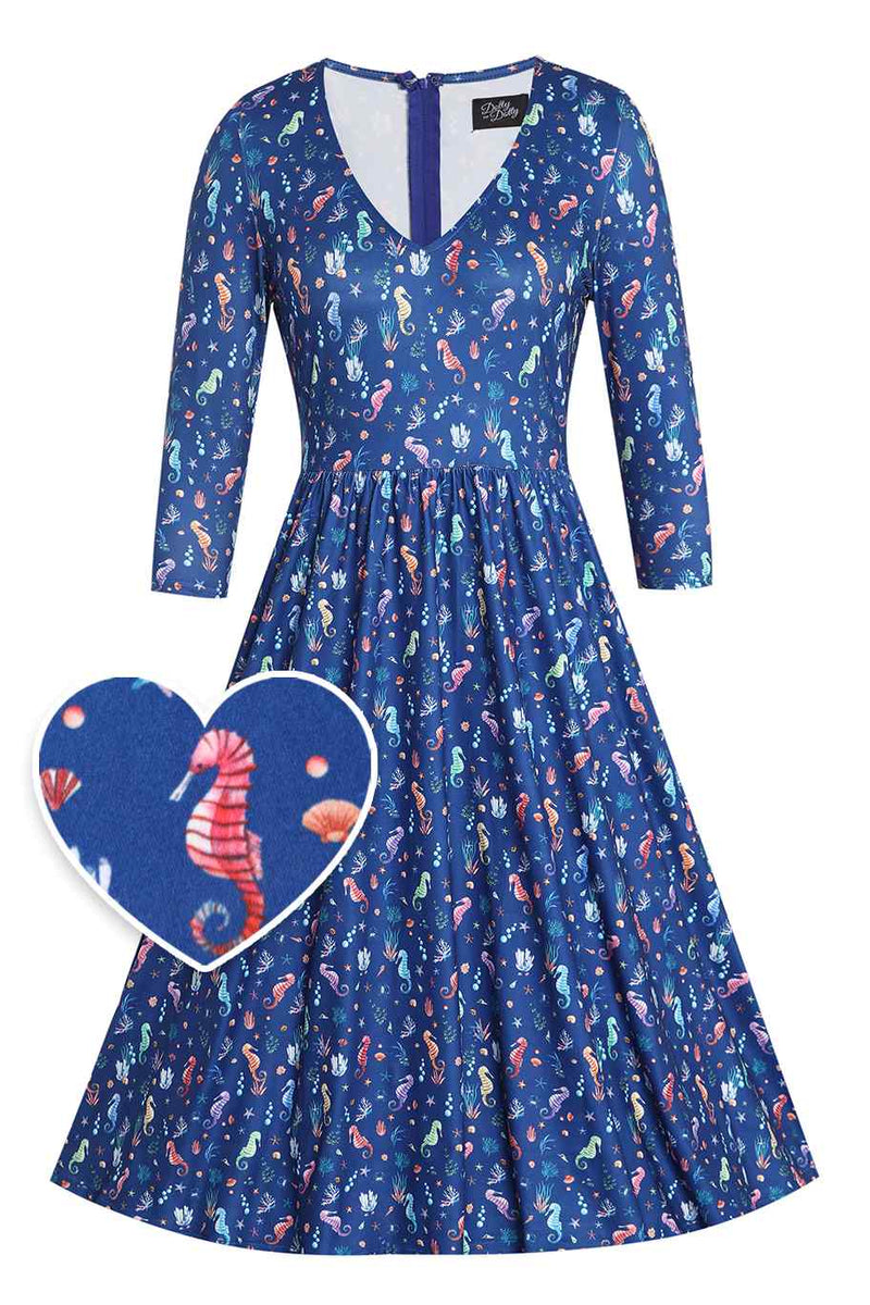 Front view of Underwater Seahorse Print Flared Dress in Navy Blue