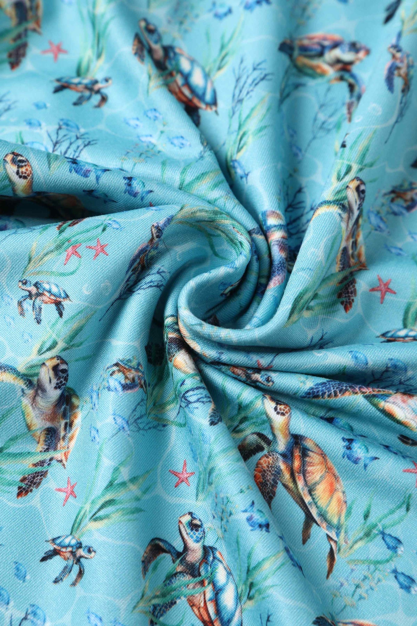 Close up view of Underwater Turtle Print Flared Dress in Light Blue