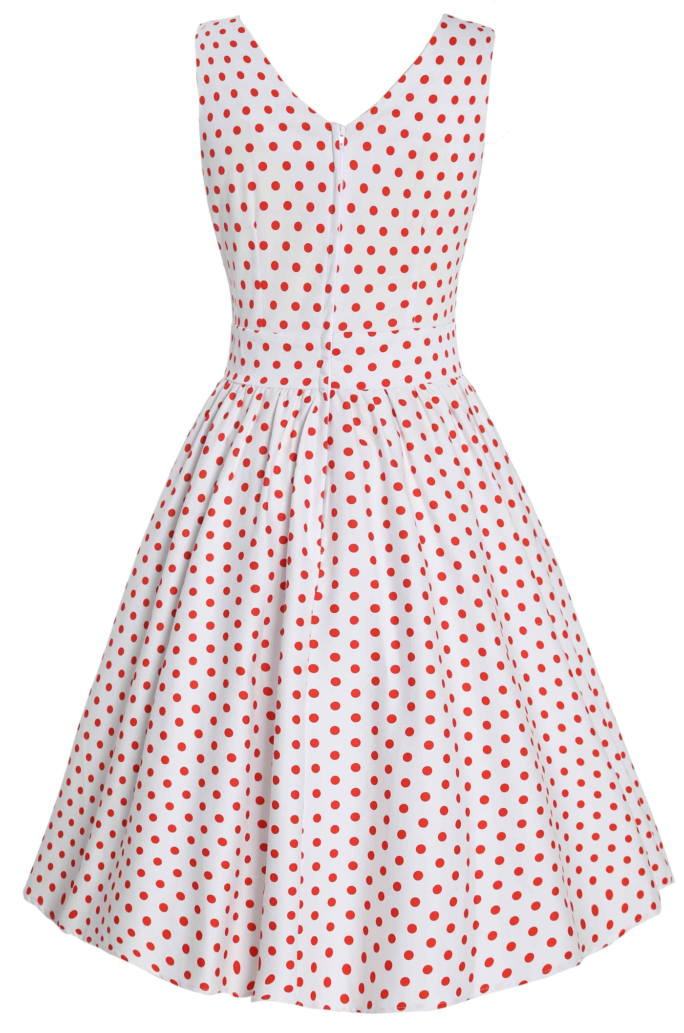 Back view of V Neck White and Red Polka Dot Dress