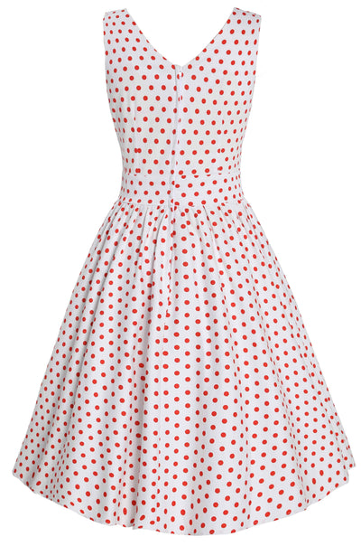 Back view of V Neck White and Red Polka Dot Dress