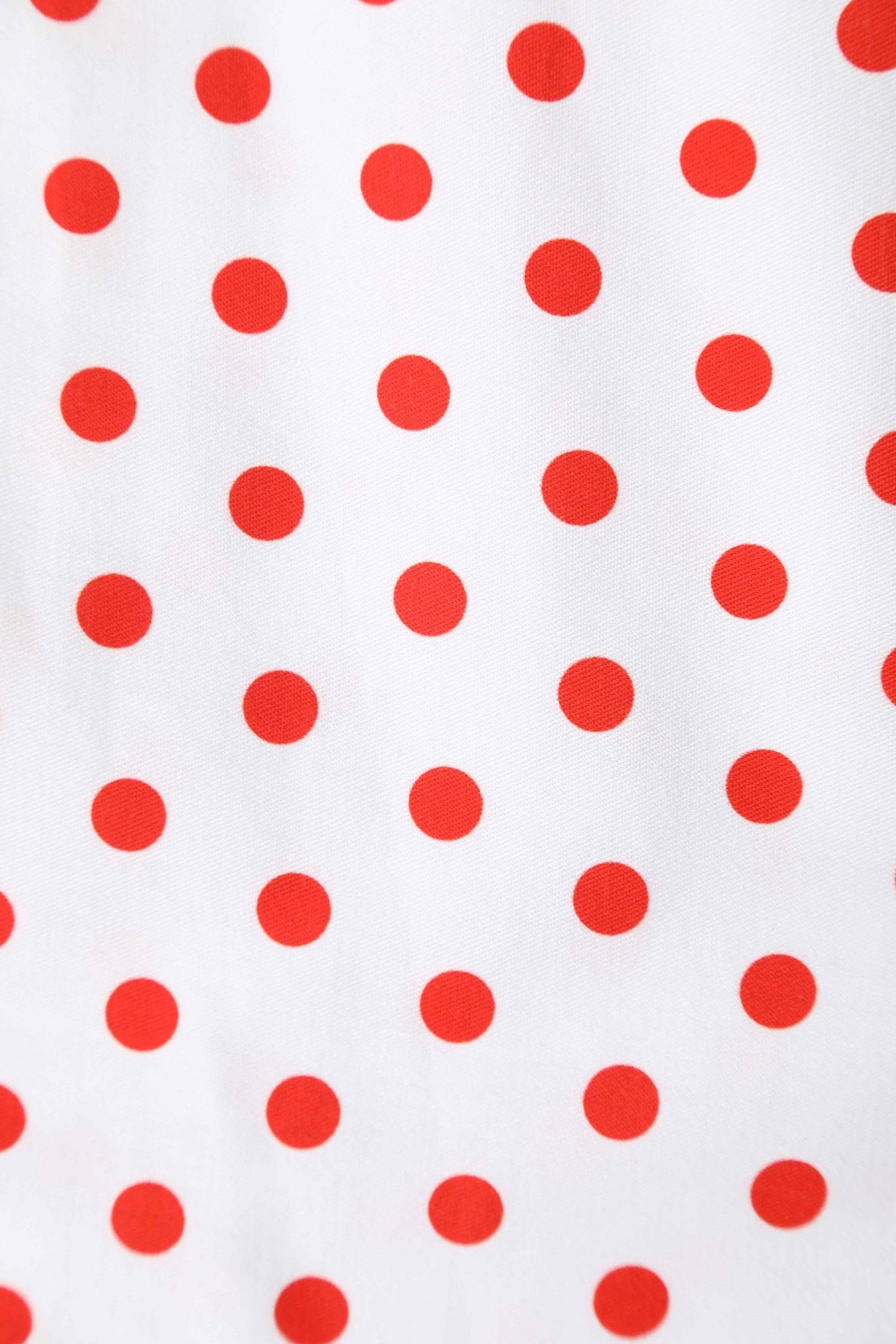 Close up view of V Neck White and Red Polka Dot Dress