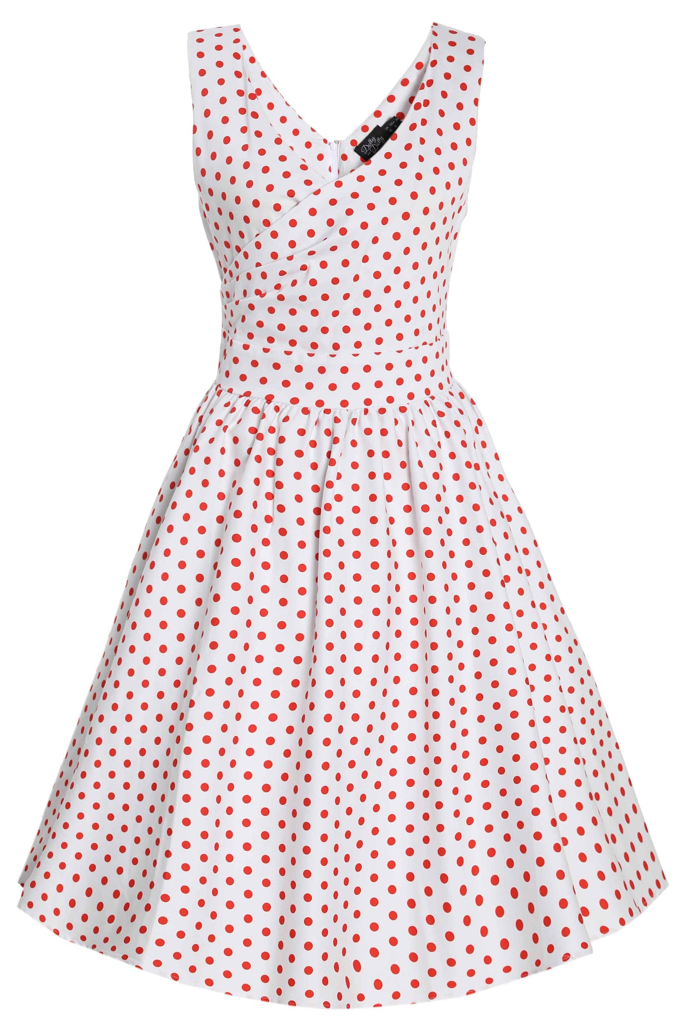 Front view of V Neck White and Red Polka Dot Dress