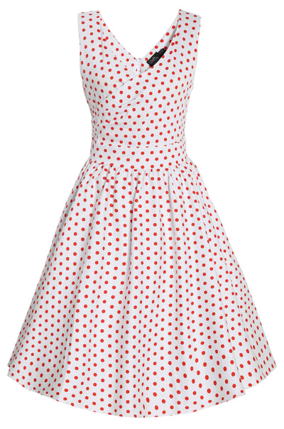 Front view of V Neck White and Red Polka Dot Dress