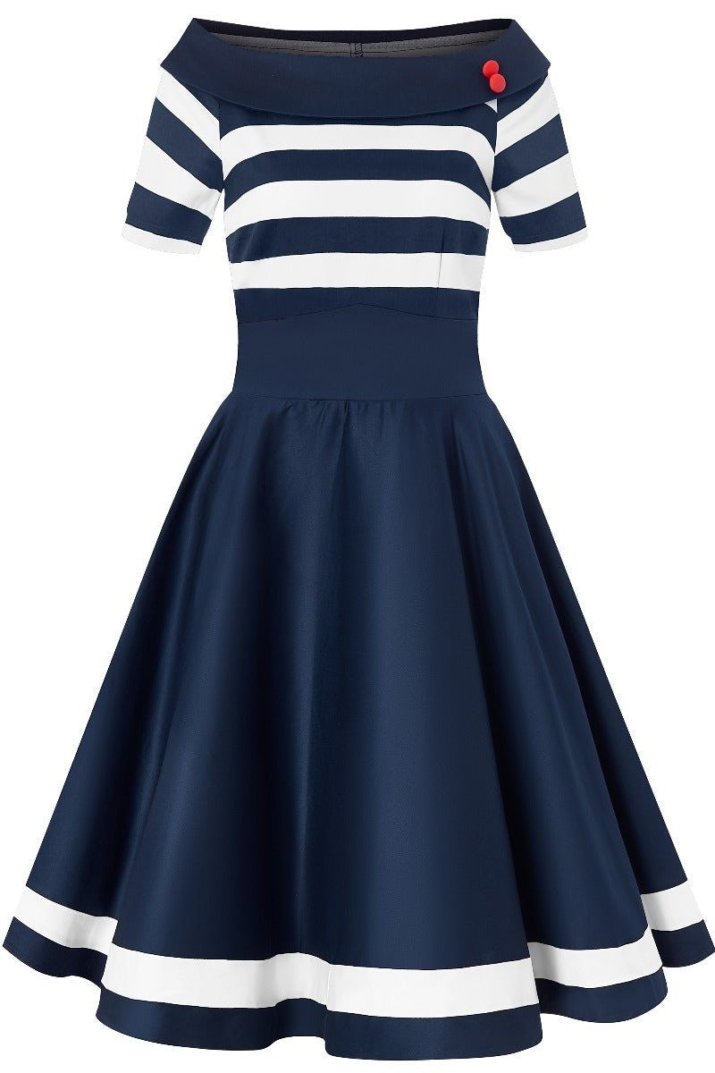 Darlene Nautical Navy Blue & White Striped Swing Dress Darlene Nautical Navy Blue & White Striped Swing Dress