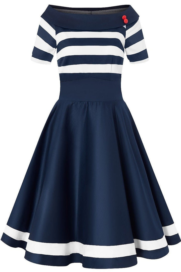 Darlene Nautical Navy Blue & White Striped Swing Dress Darlene Nautical Navy Blue & White Striped Swing Dress