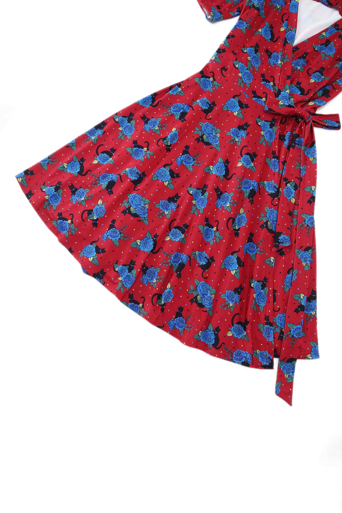 Vintage Black Cat & Rose Wrap Dress In Red Casualwear