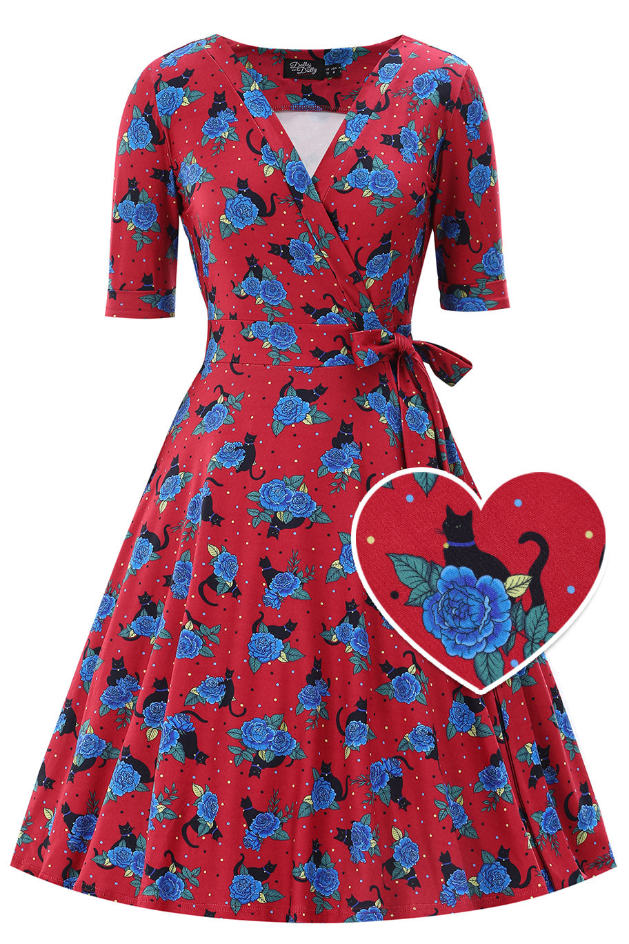 Front view of Matilda Vintage Black Cat & Rose  Wrap Dress In Red
