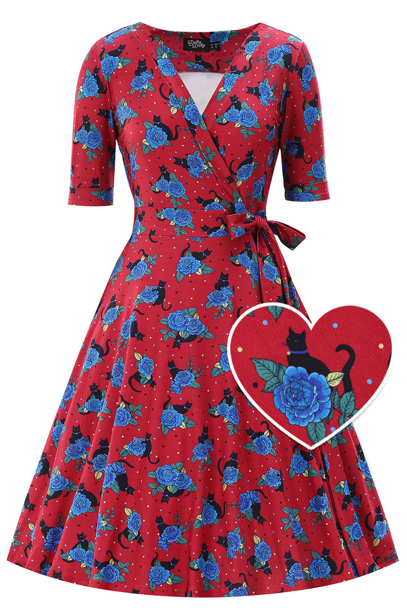 Front view of Matilda Vintage Black Cat & Rose  Wrap Dress In Red