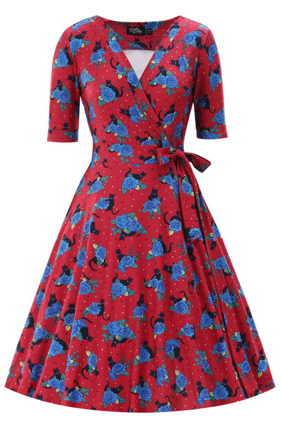 Front view of Matilda Vintage Black Cat & Rose  Wrap Dress In Red