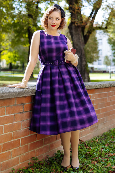 A model wearing Vintage Black/Purple Tartan Check Swing Dress