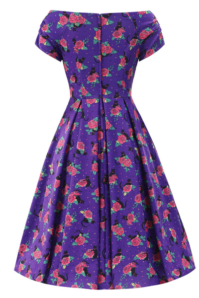 Back view of Vintage Cat & Rose Off Shoulder Dress In Purple