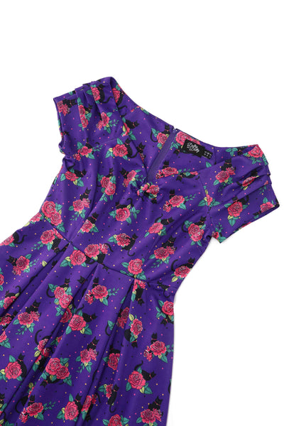 Close up view of Vintage Cat & Rose Off Shoulder Dress In Purple