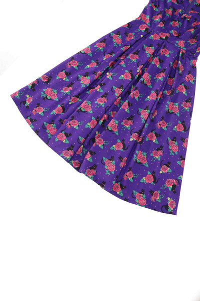 Close up view of Vintage Cat & Rose Off Shoulder Dress In Purple