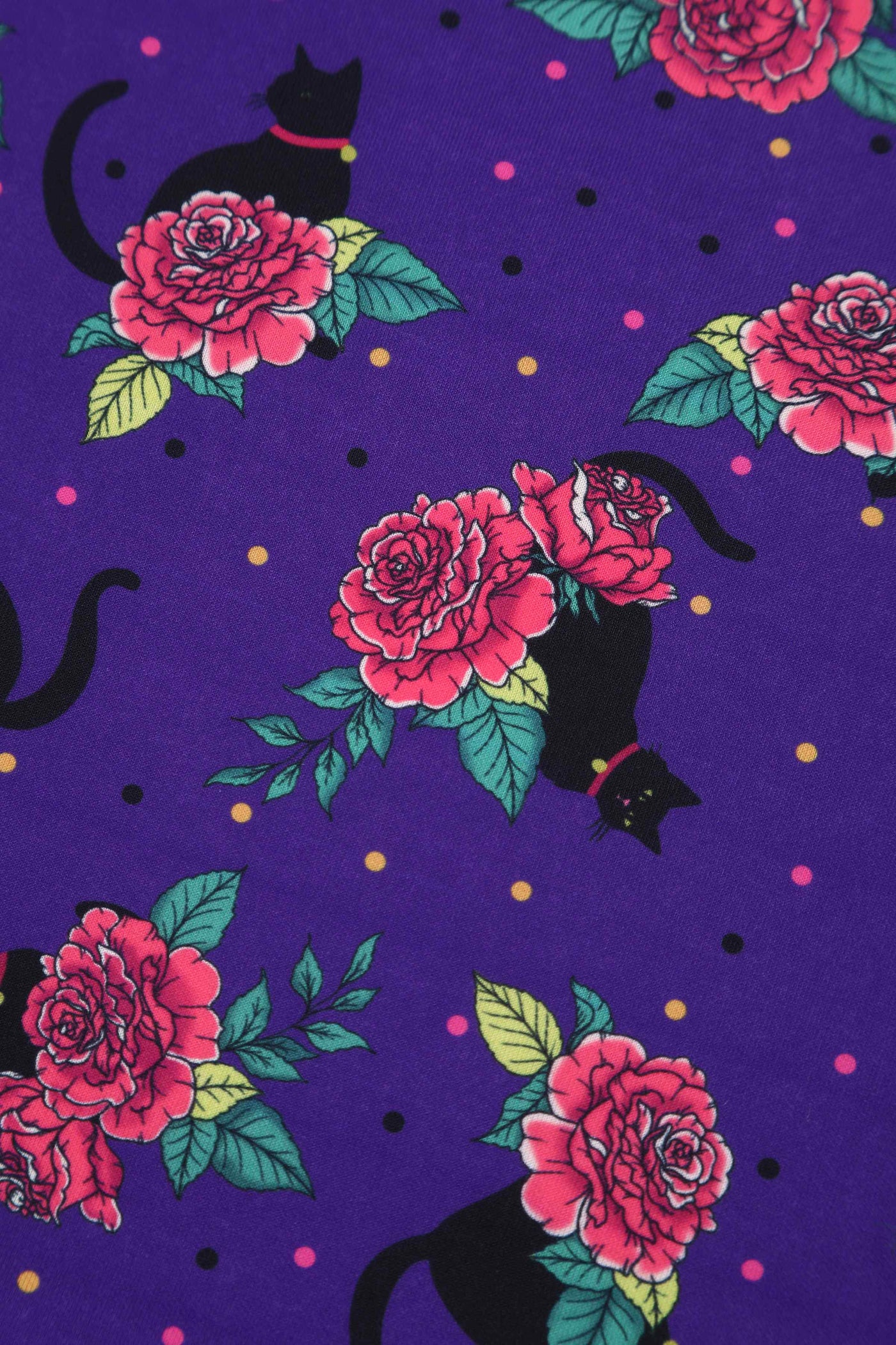 Close up view of Vintage Cat & Rose Off Shoulder Dress In Purple