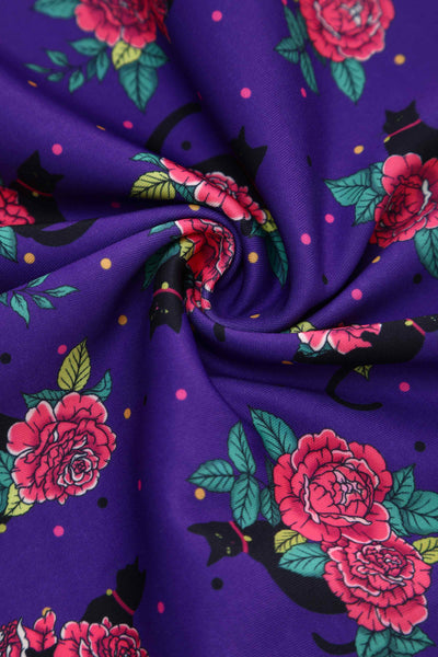 Close up view of Vintage Cat & Rose Off Shoulder Dress In Purple