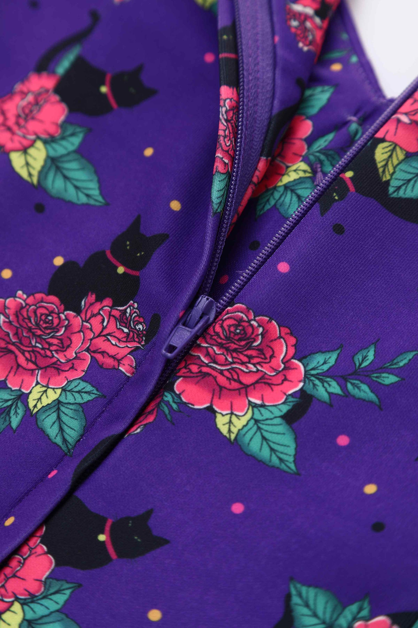 Close up view of Vintage Cat & Rose Off Shoulder Dress In Purple