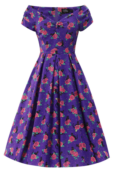 Front view of Vintage Cat & Rose Off Shoulder Dress In Purple