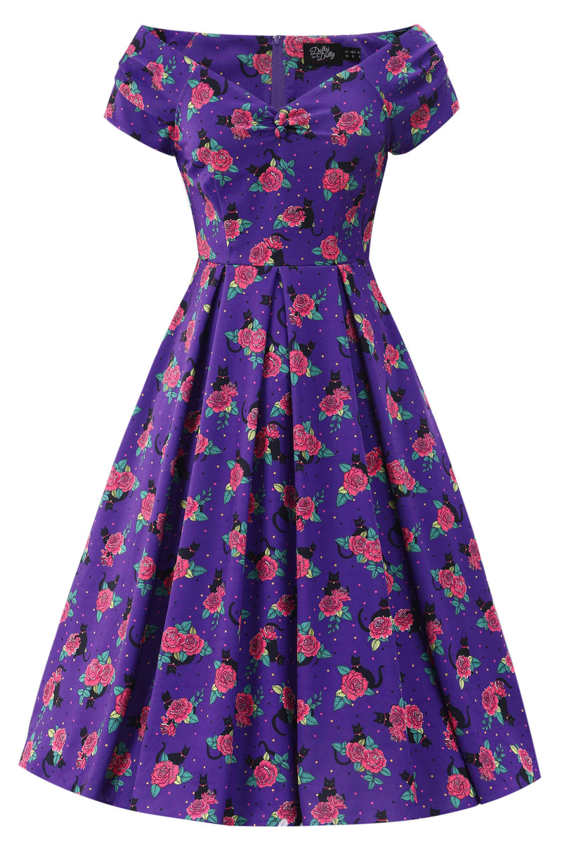 Front view of Vintage Cat & Rose Off Shoulder Dress In Purple