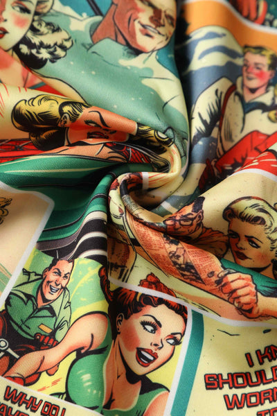 Close up view of vintage comic print sleeveless swing dress
