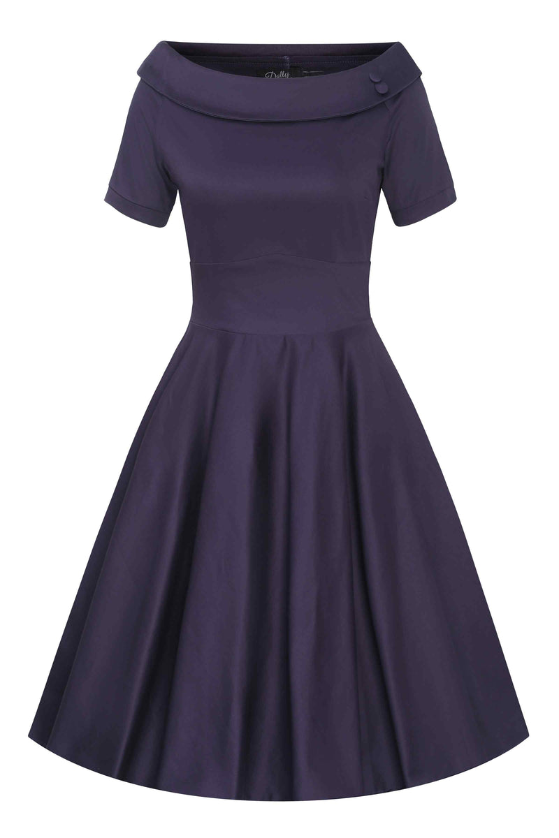 Front view of Navy Blue Roll Collar Circle Dress