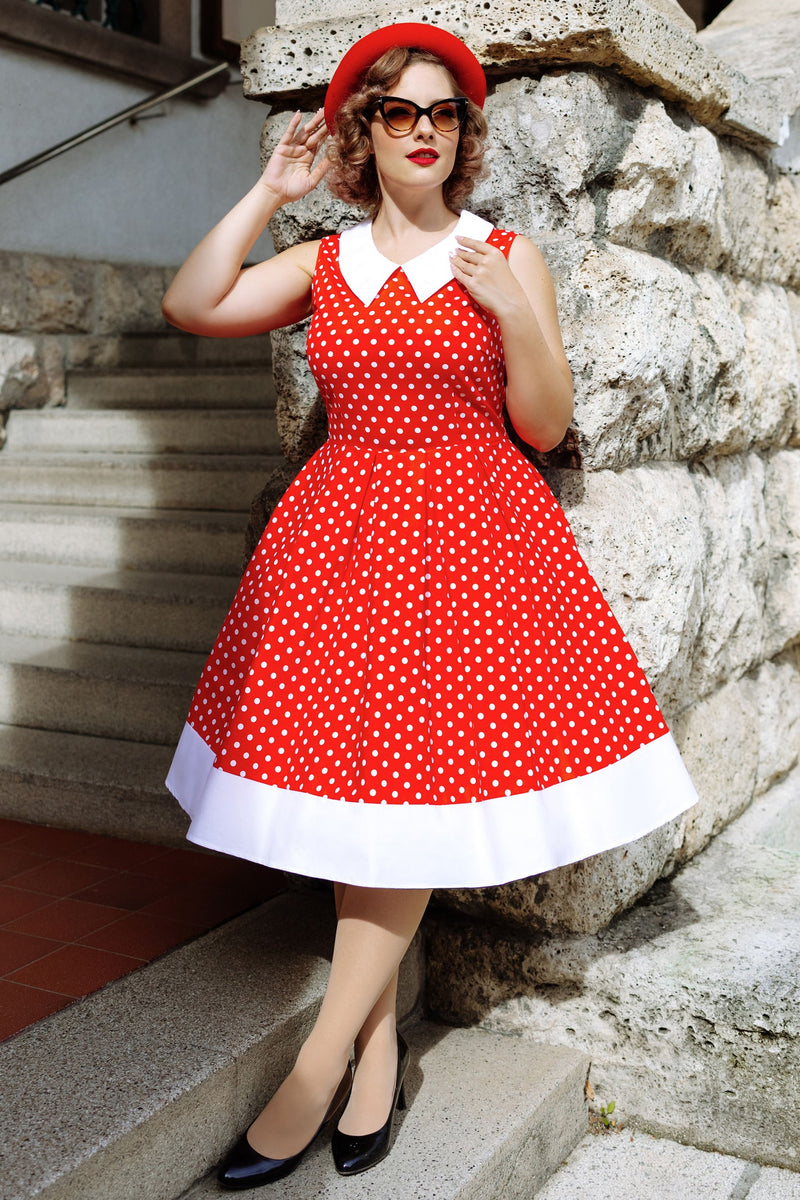 Vintage Inspired Collared Swing Dress in Red White Polka Dots