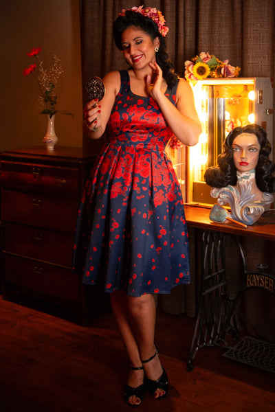 Vintage Inspired Swing Dress Navy with Poppy Flowers