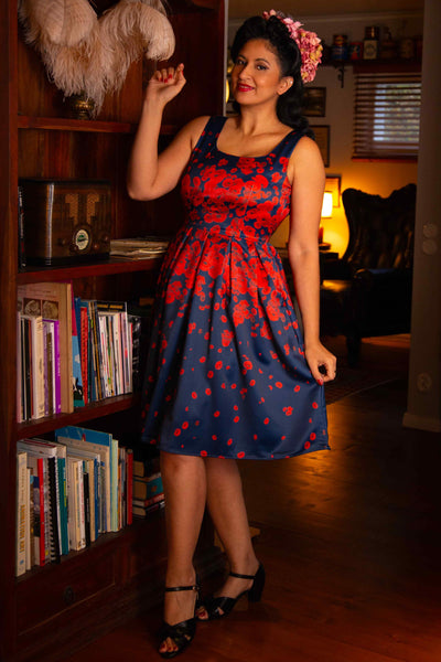 Vintage Inspired Swing Dress Navy with Poppy Flowers