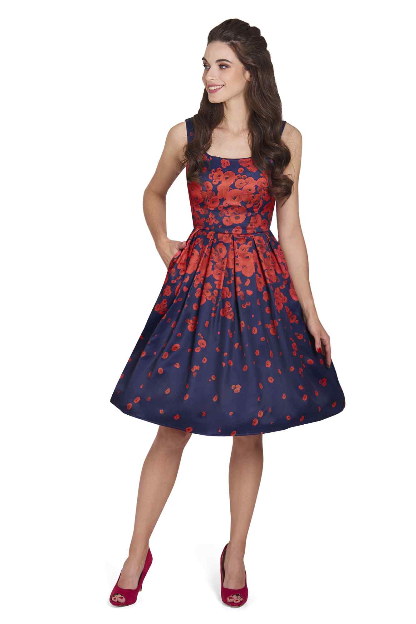 Amanda 50s Inspired Navy Blue Poppy Swing Dress by Dolly and Dotty