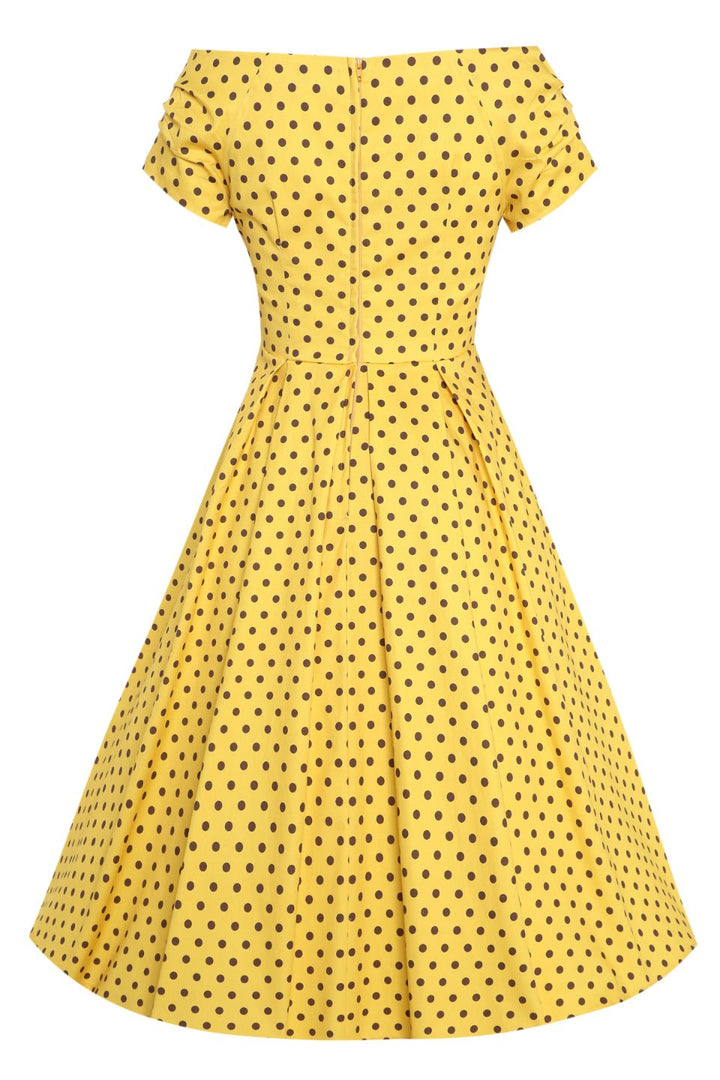 Lily Vintage Inspired Yellow Polka Dot Off Shoulder Dress