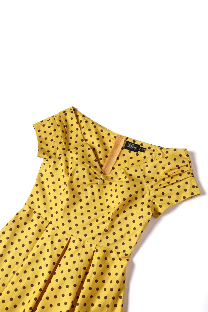 Lily Vintage Inspired Yellow Polka Dot Off Shoulder Dress