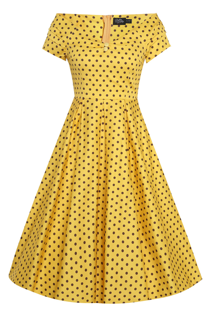 Lily Vintage Inspired Yellow Polka Dot Off Shoulder Dress