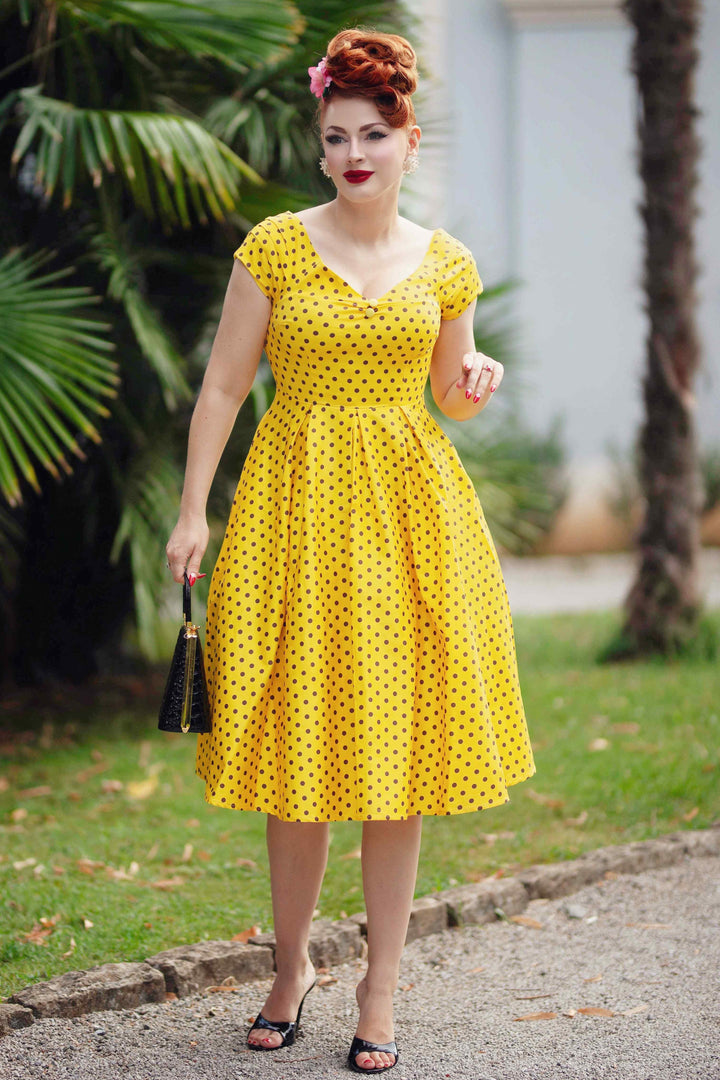 Lily Vintage Inspired Yellow Polka Dot Off Shoulder Dress Lily Vintage Inspired Yellow Polka Dot Off Shoulder Dress