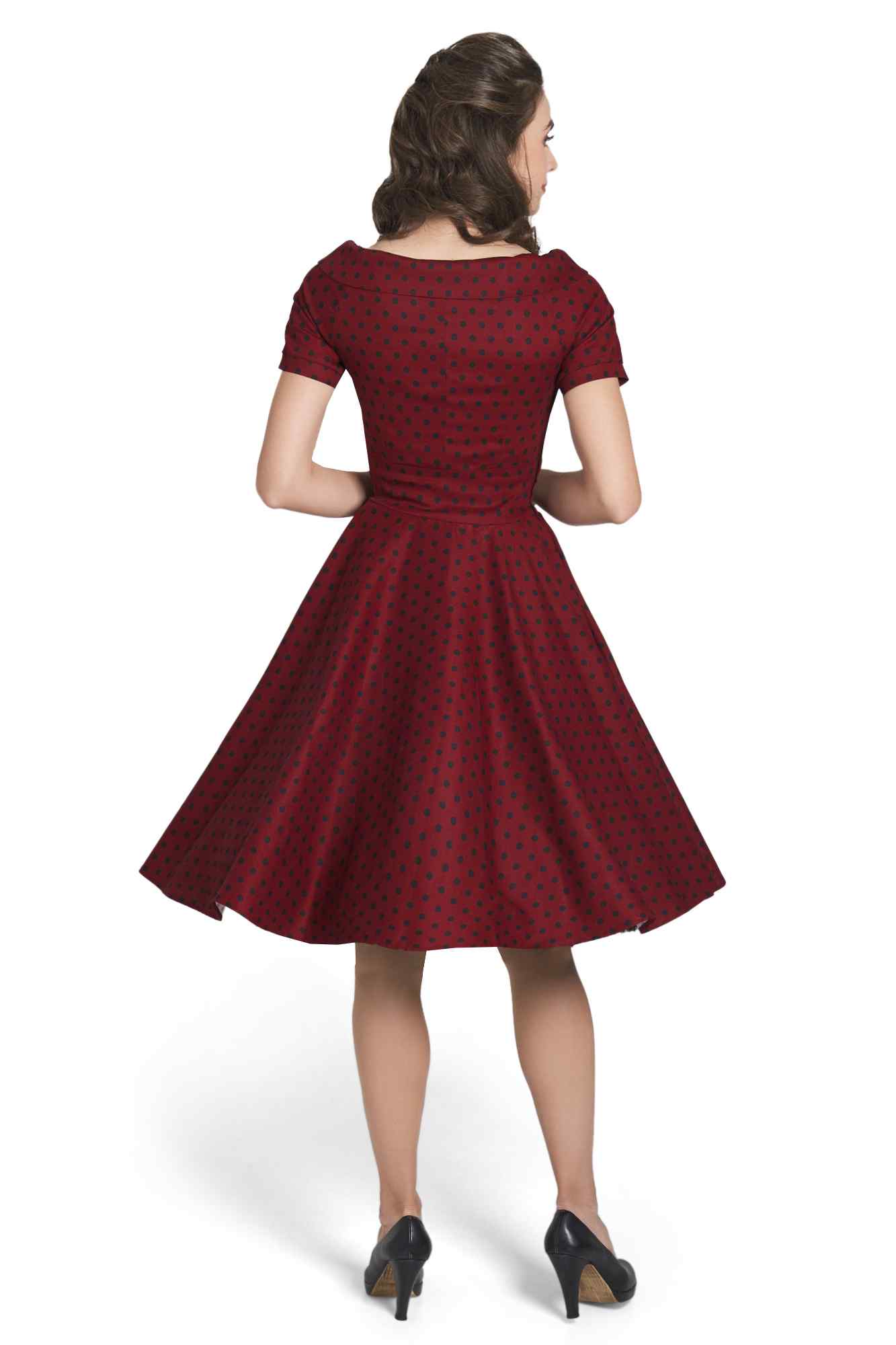 Darlene Retro Polka Dot Swing Dress in Burgundy/Black